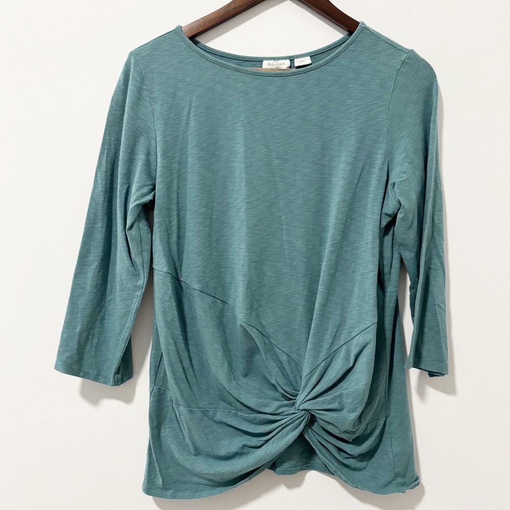 Beacon Cove Twist Front Top Women Medium Teal Green 3/4 Sleeve Slub Knit Casual